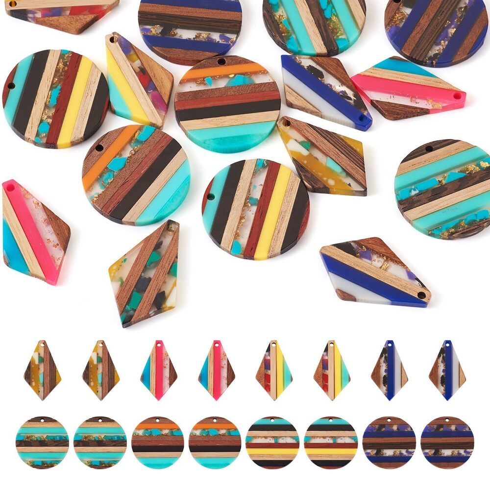 7820 16Pcs Boho Multicolor Kite & Flat Round Resin & Walnut Wood Pendants